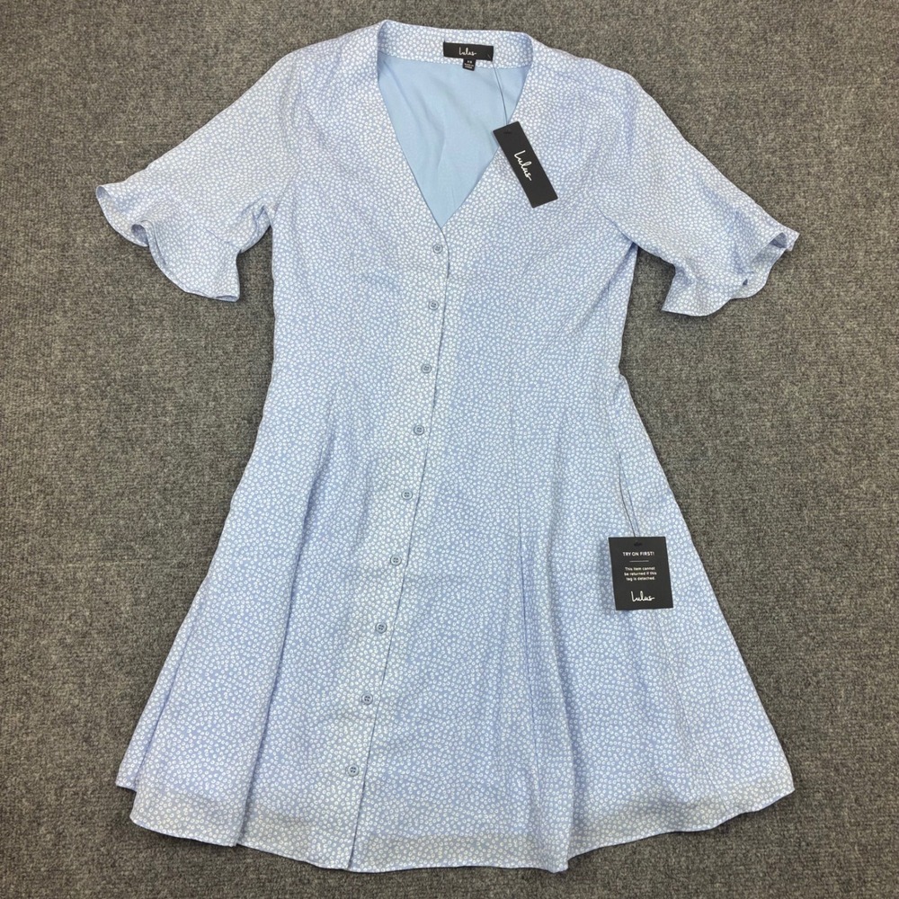 Lulus Blue White Animal Print Button Front Flutter Sleeve Mini Dress Size XS NEW